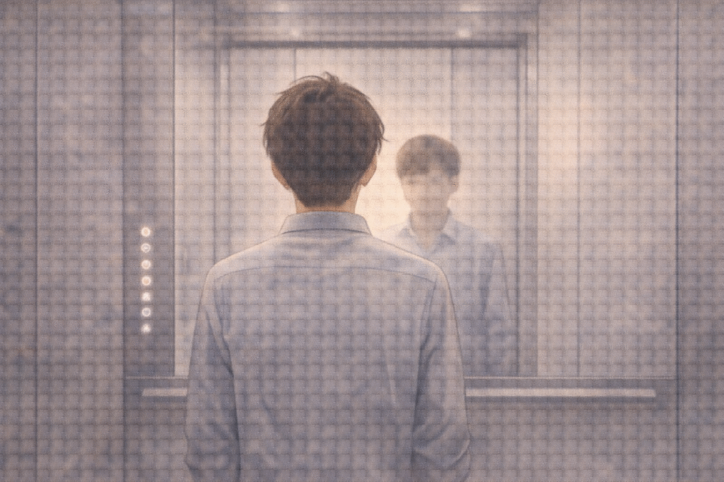 Quiet morning reflection in an elevator mirror