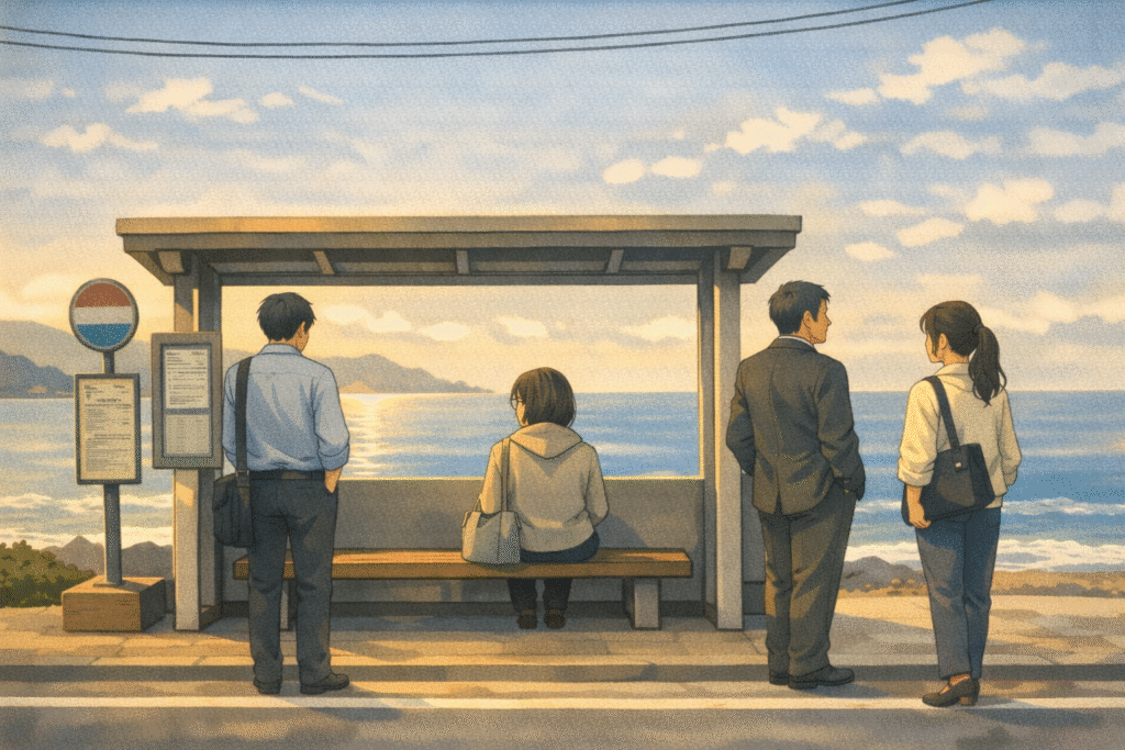 People quietly waiting together at a seaside bus stop