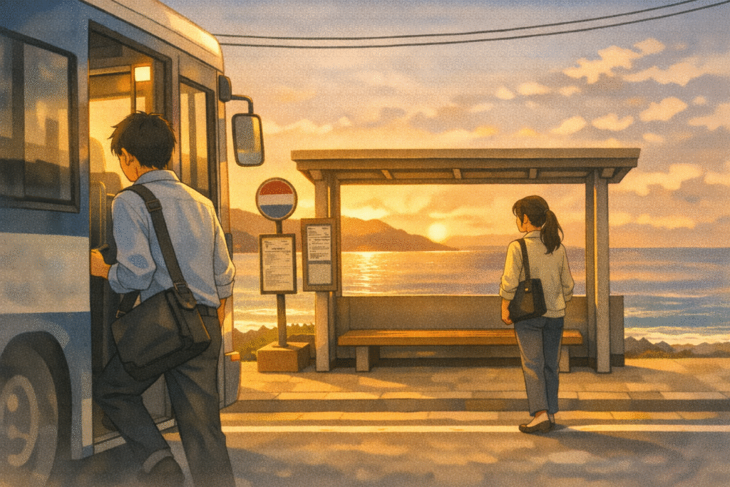 Evening light at a seaside bus stop as waiting becomes healing