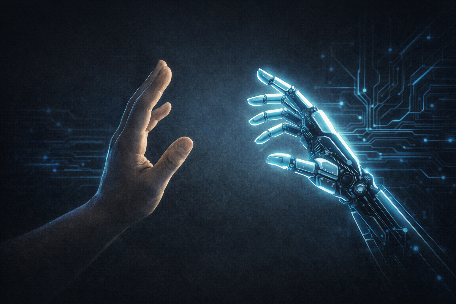human hand facing robotic AI hand representing artificial intelligence agency debate