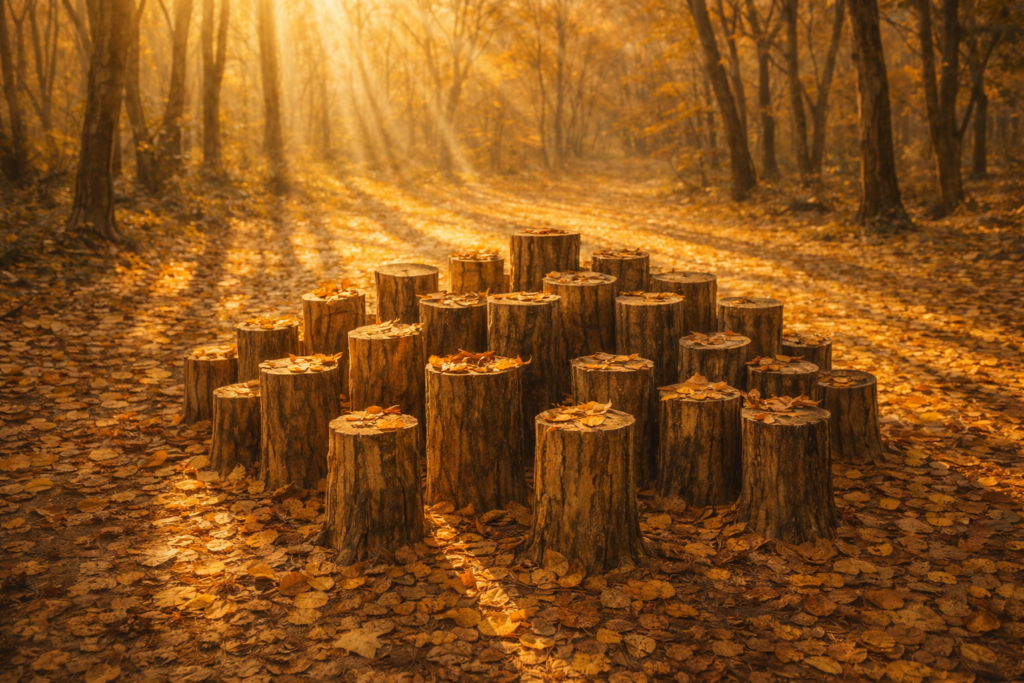 Autumn leaves resting on a wooden log sculpture in the forest