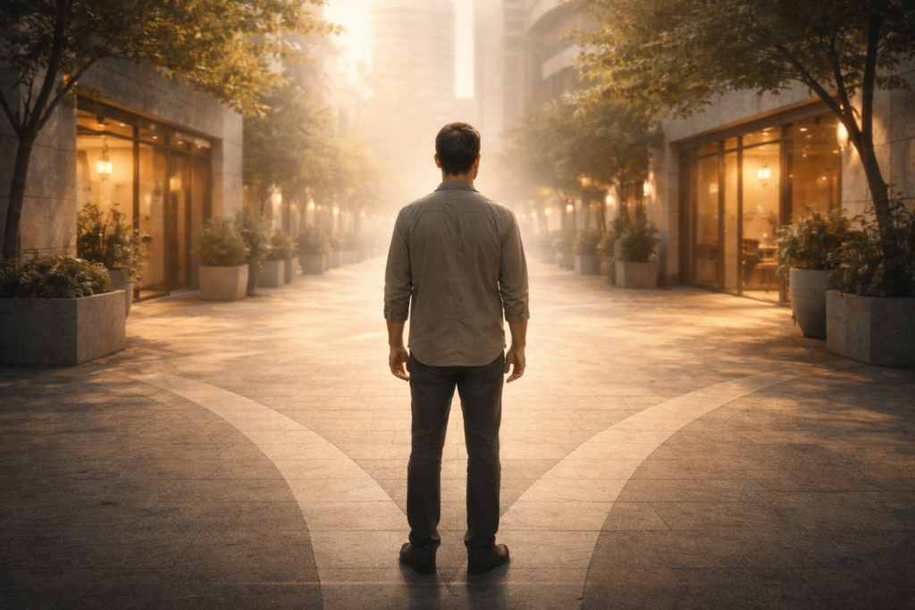 person reflecting on left and right choices