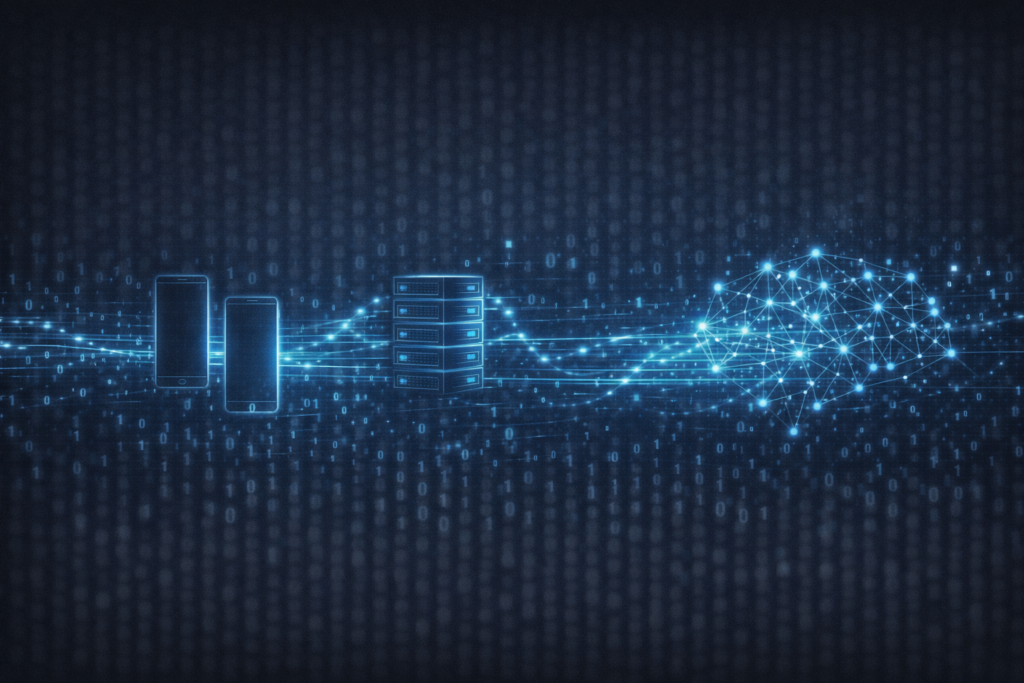 binary code flowing through digital technology network