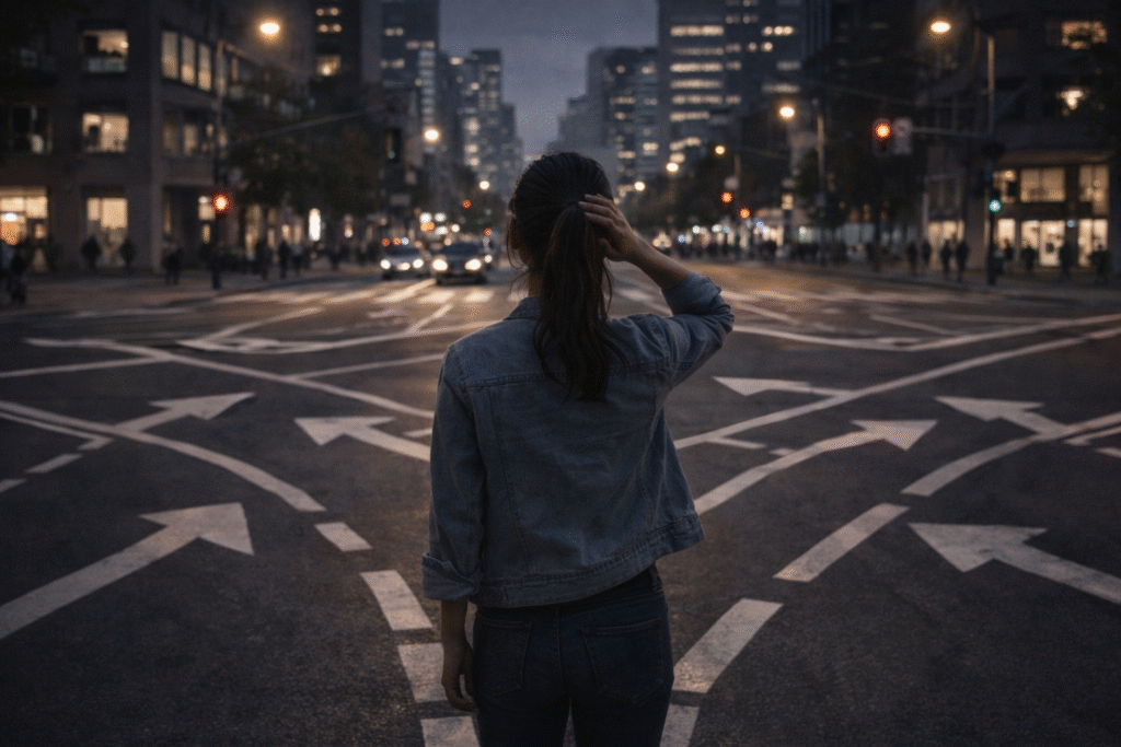 Person standing at multiple crossroads representing the burden of freedom