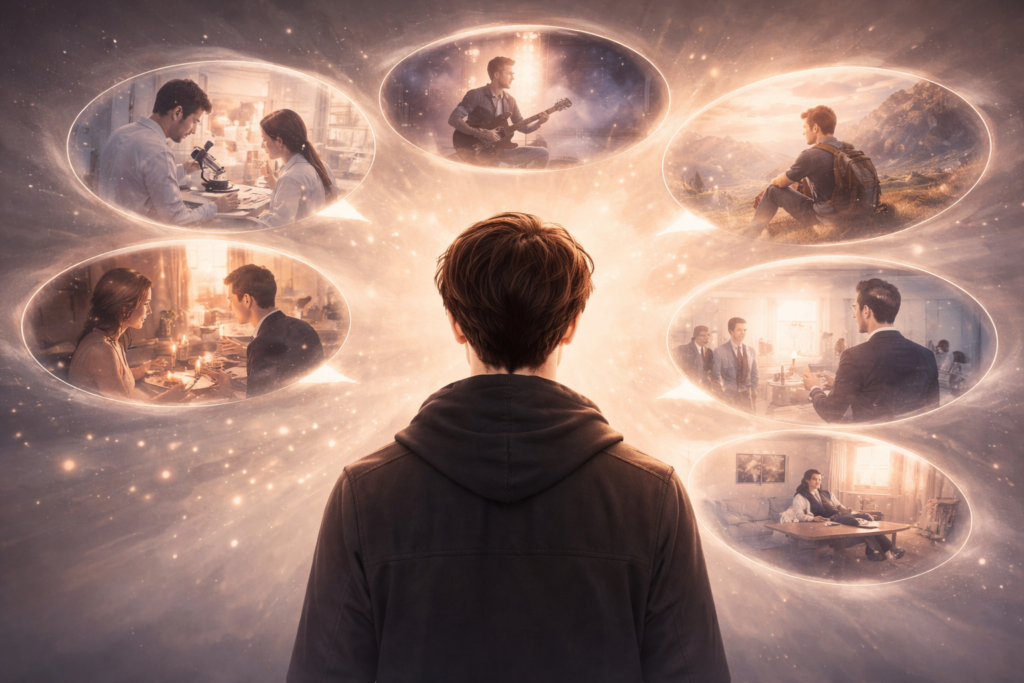 person imagining alternative life scenarios