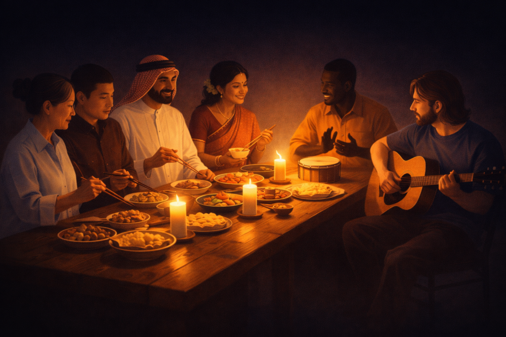 people from different cultures sharing food representing cultural dialogue