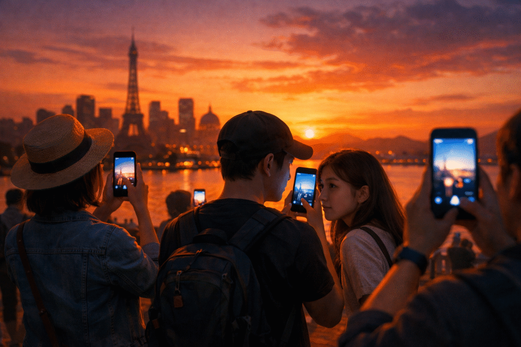 People photographing a scenic landmark for social media