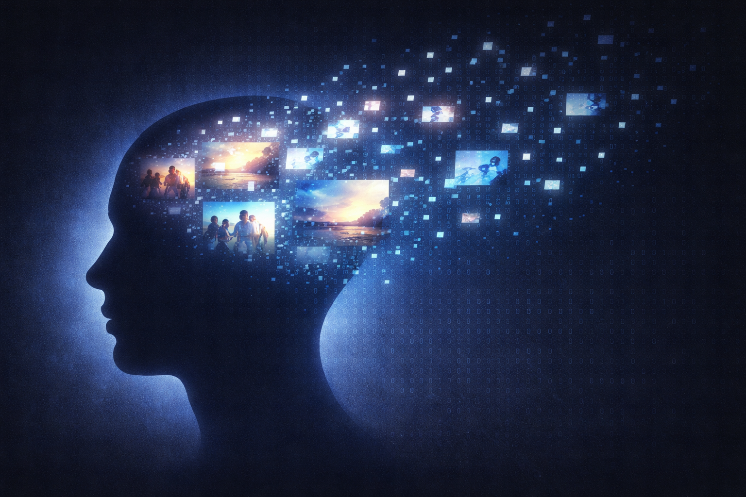 human memory transforming into digital data inside head silhouette