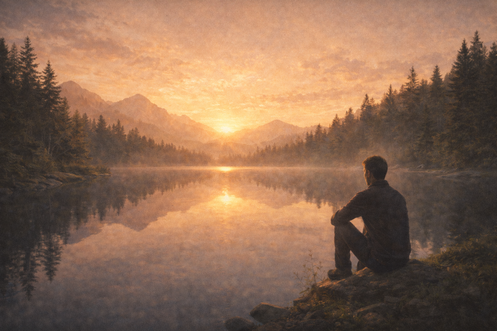 person reflecting quietly beside a lake in nature Insert Position