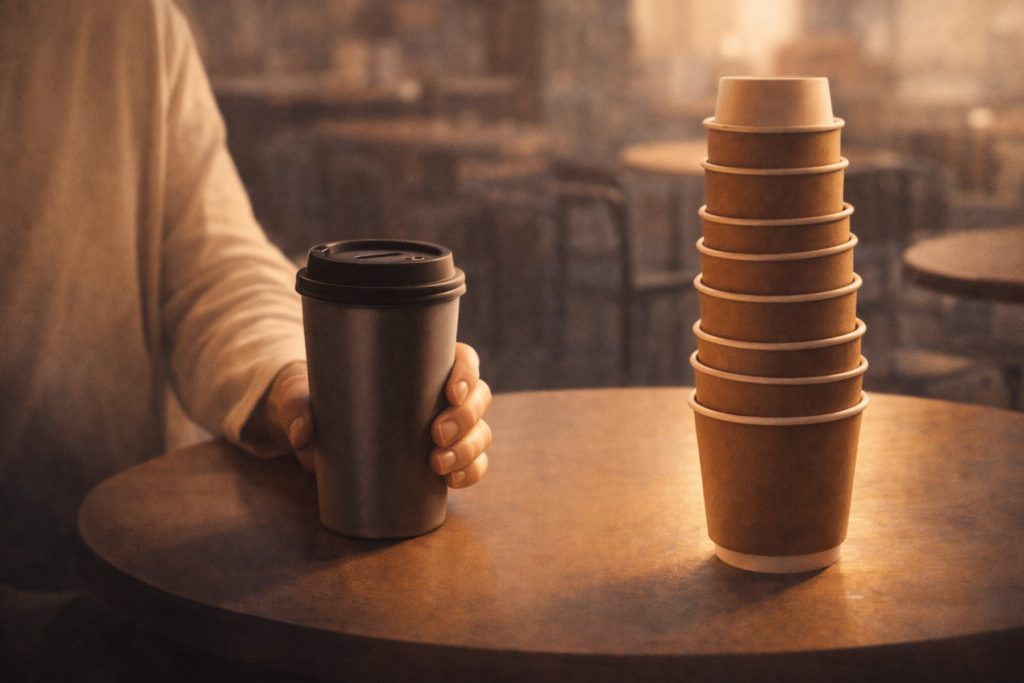 contrast between reusable tumbler and disposable cups