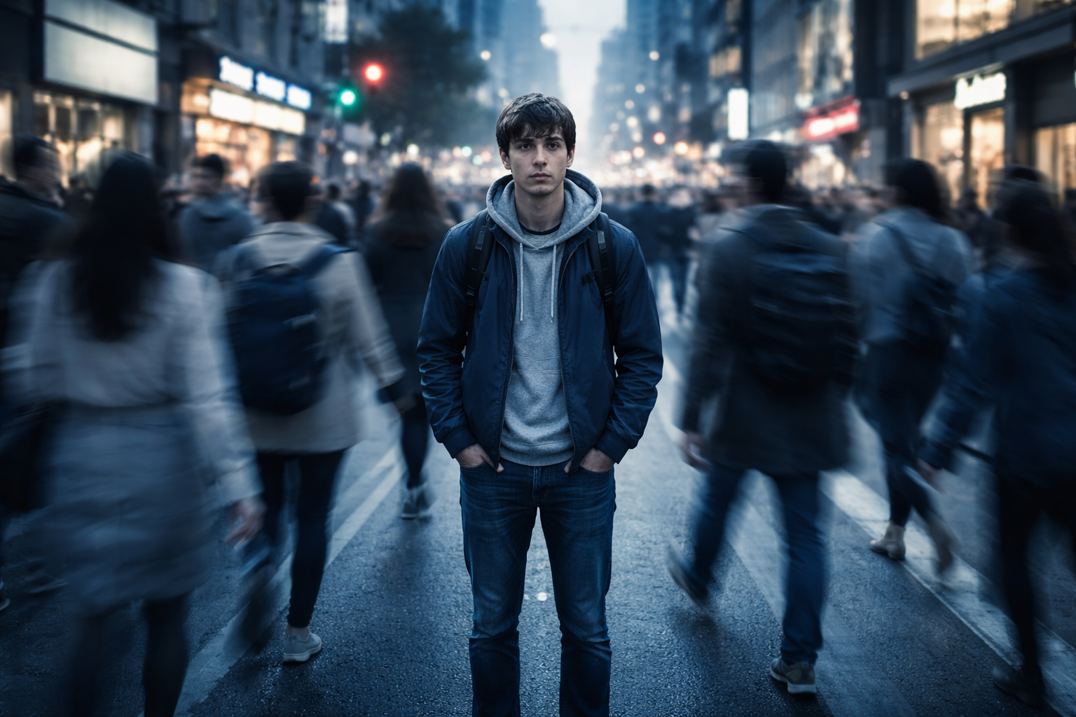 person standing still while crowd moves fast around