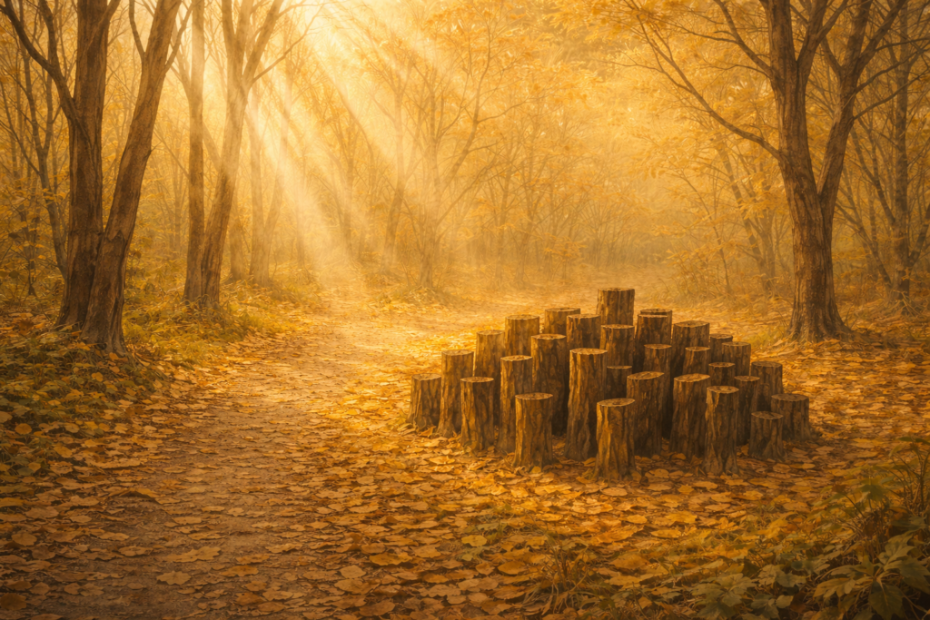 Circular arrangement of wooden logs forming forest art