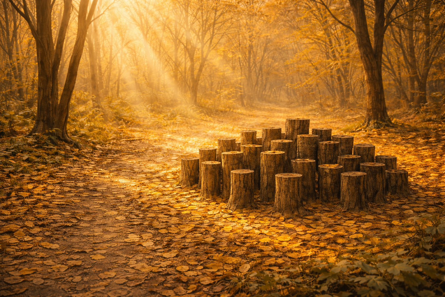Wooden log sculpture discovered on a forest walking path