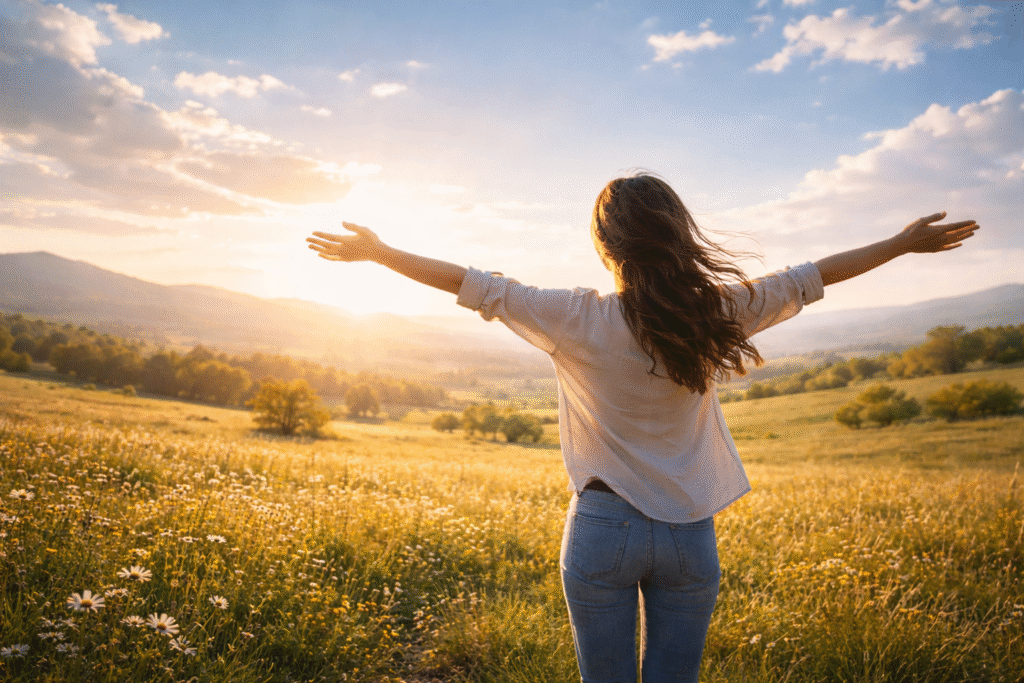 Person standing in an open landscape symbolizing human freedom
