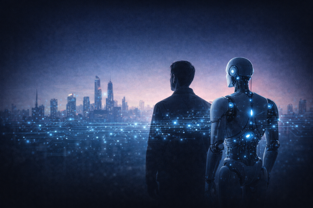 human and AI robot looking toward the future representing AI ethics debate