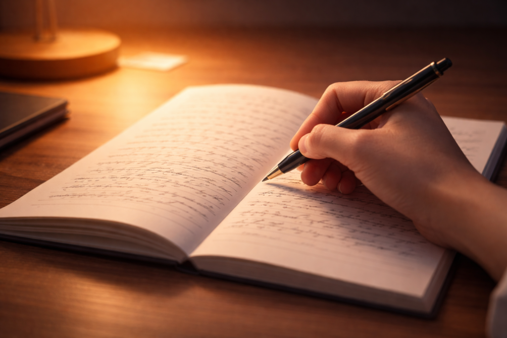 hand writing notes with focus and memory