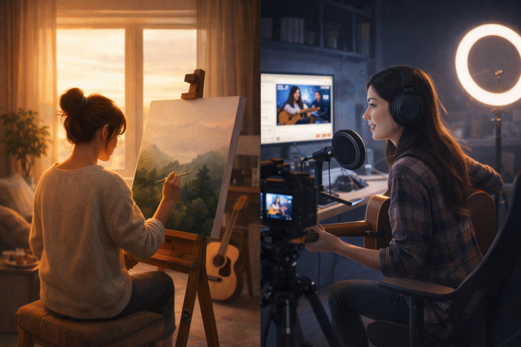 Contrasting private hobby and public performance culture