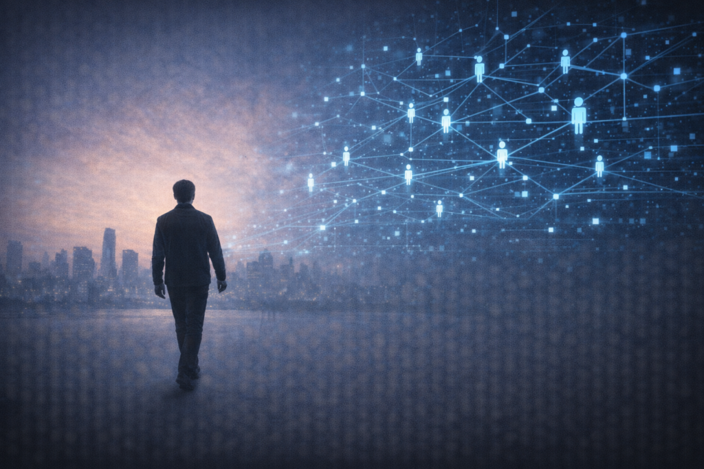 person walking beyond predictive data network