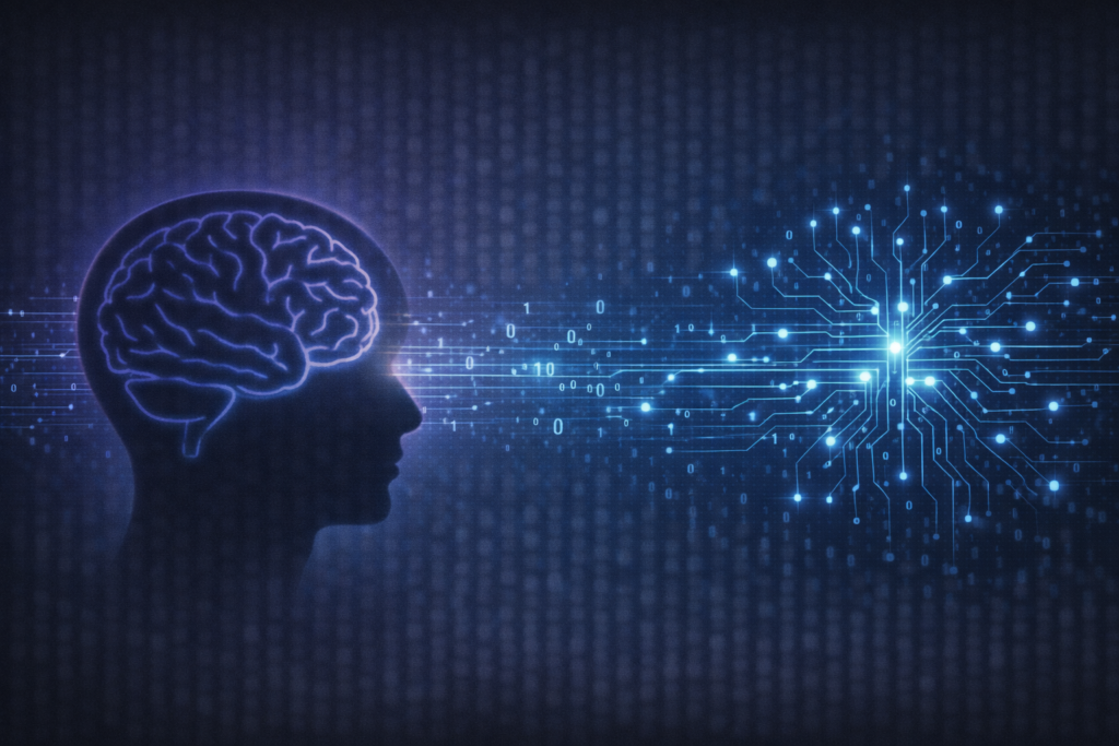 human brain and AI circuit connected by binary code