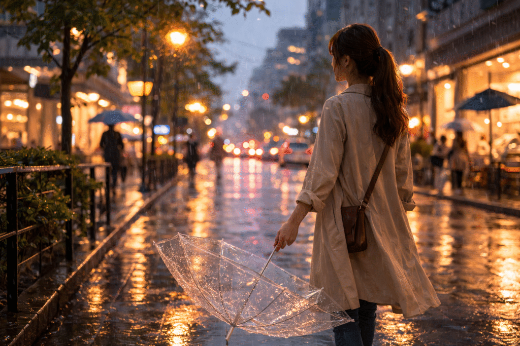 Person walking in a rainy city holding a transparent umbrella