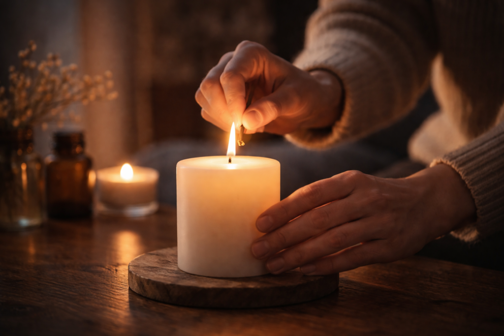 Person lighting a candle in a quiet room
