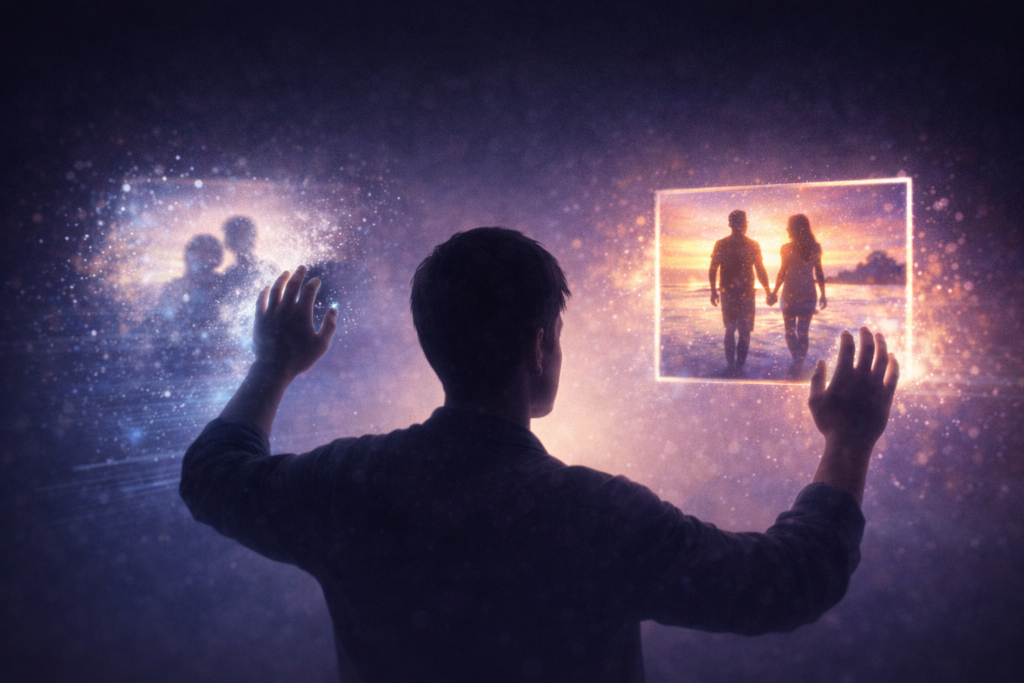 person editing memories representing identity transformation