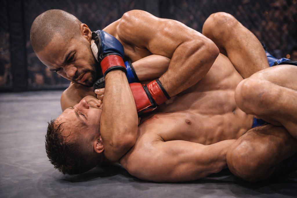 MMA fighters grappling during match