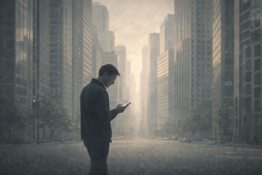 person walking in city disconnected from nature