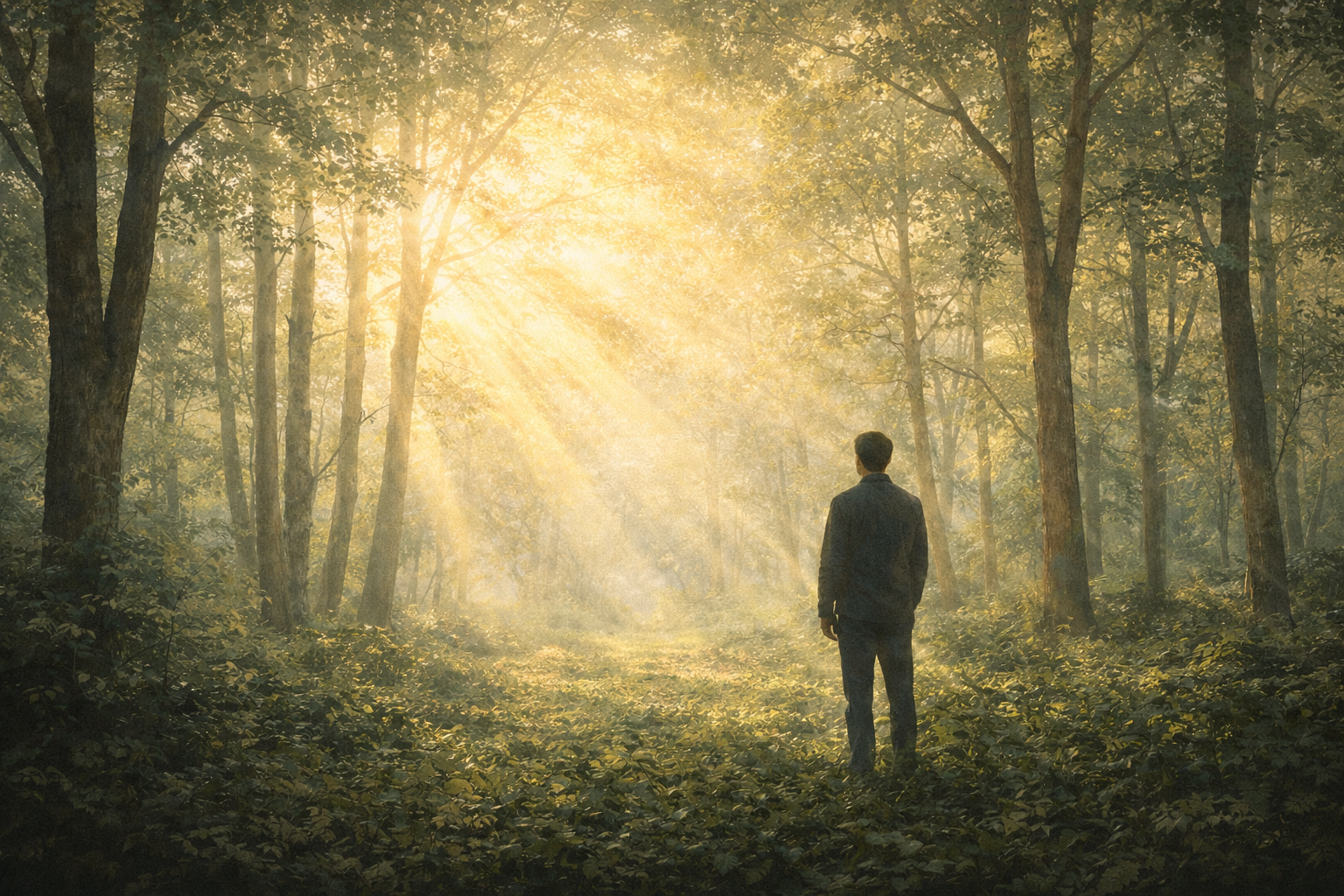 person reflecting in a forest about nature and ethics Insert Position