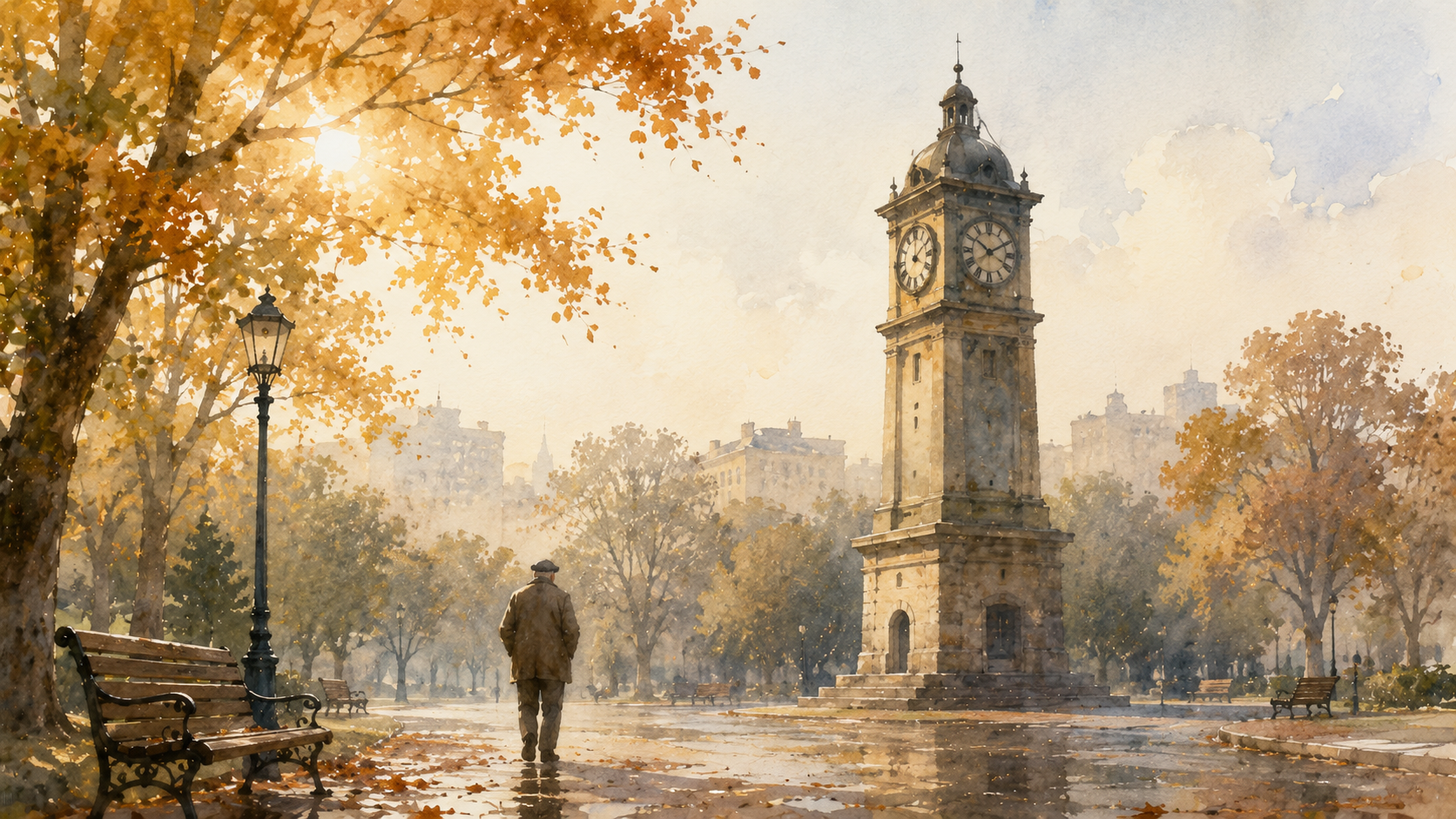 old clock tower in a quiet park symbolizing time and memory