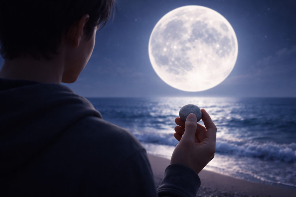 person holding a pebble with the moon in the background