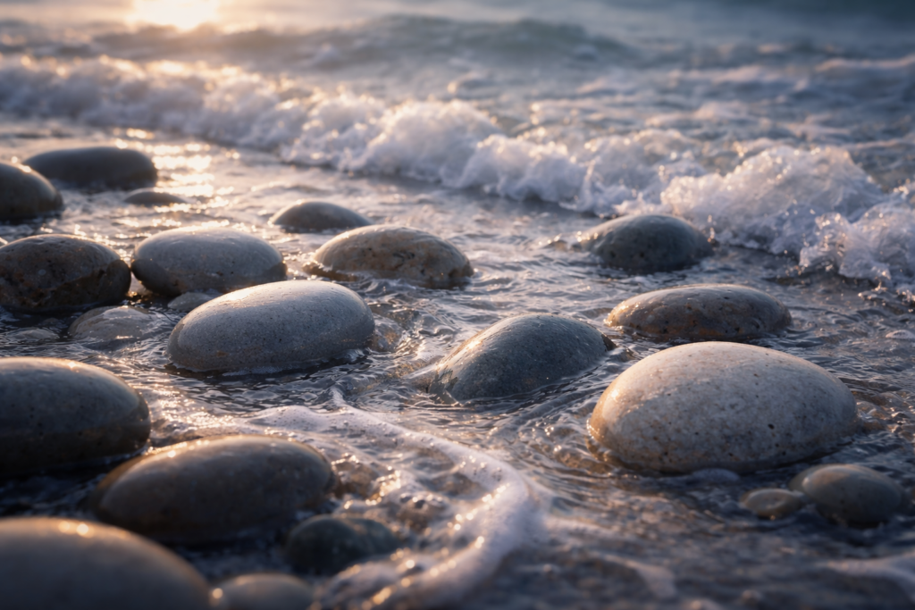 pebbles being shaped by gentle ocean waves
