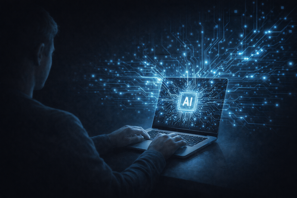 illustration of artificial intelligence emerging from human technology