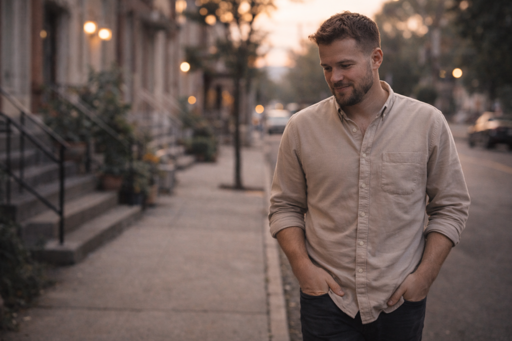 Person walking calmly after an embarrassing public moment