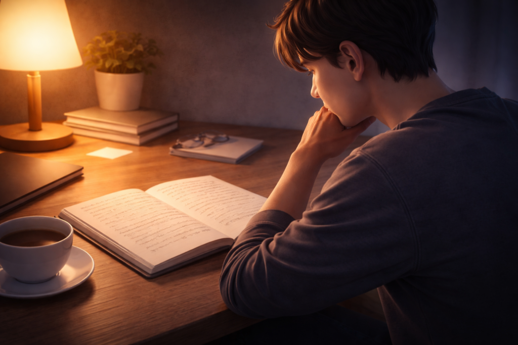 person reflecting with handwritten notes