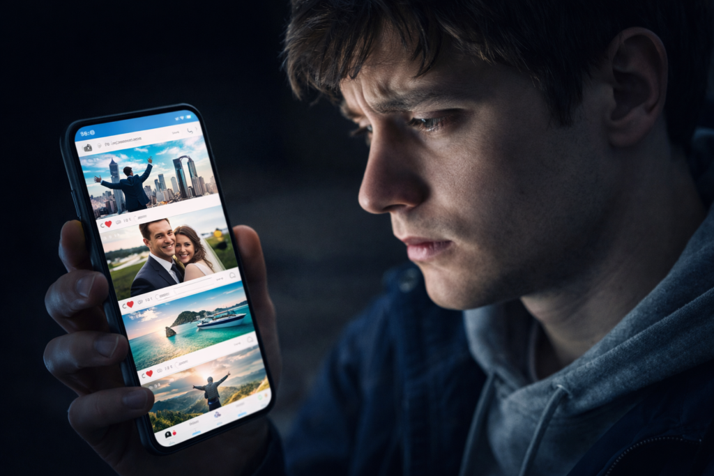 person looking at social media feeling comparison pressure