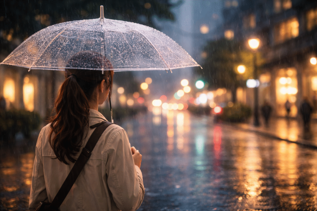 Person holding a transparent umbrella on a rainy street
