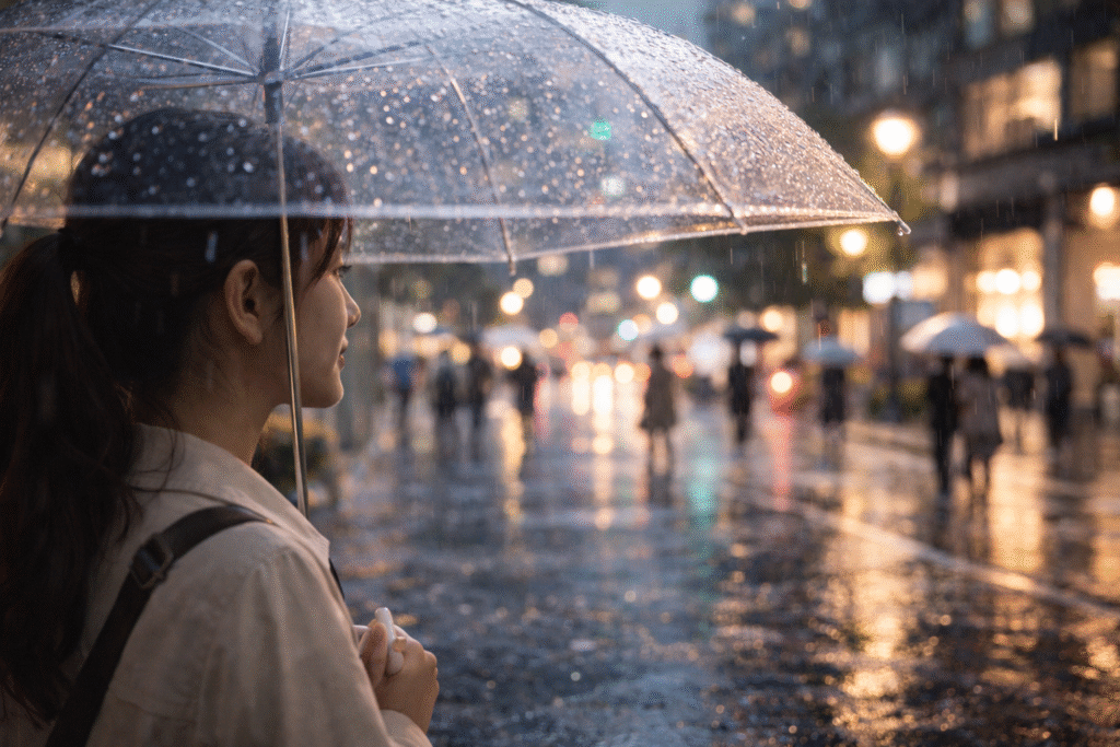 City seen through a transparent umbrella in the rain