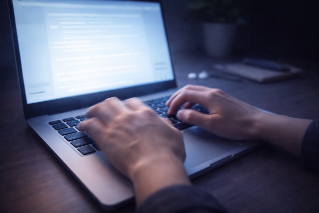 typing quickly on laptop with less focus