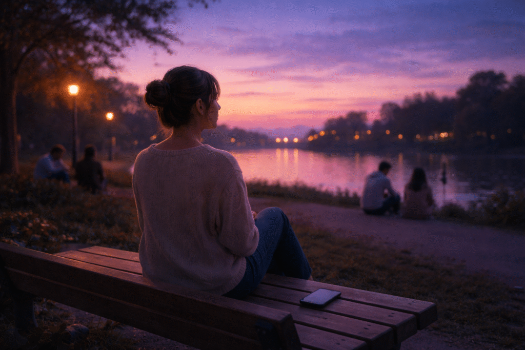 Person resting quietly without using smartphone at sunset