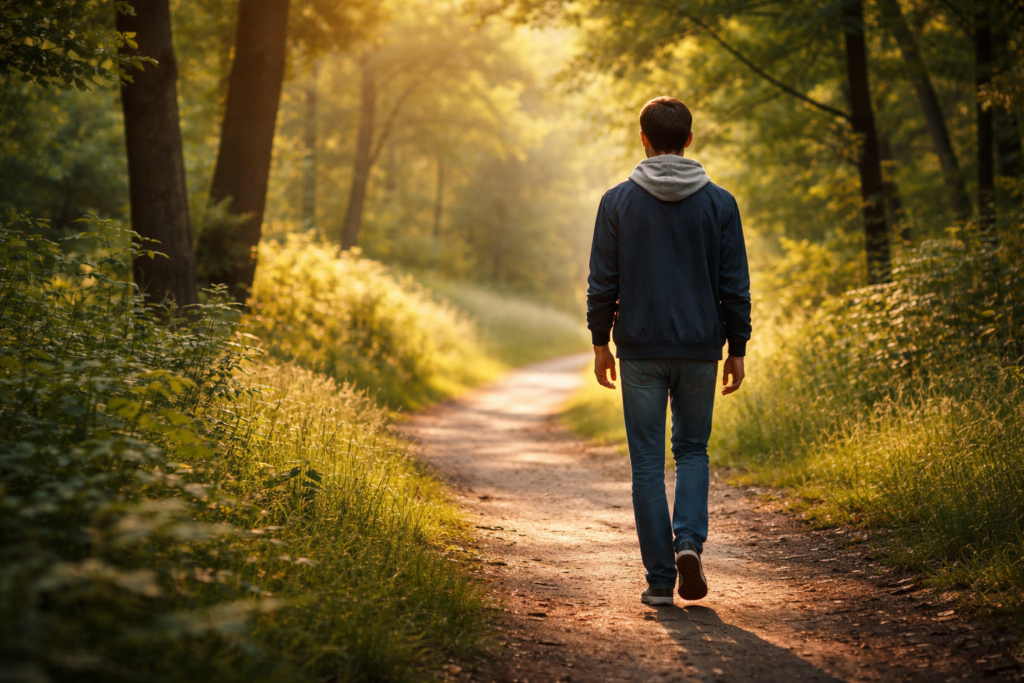 person walking slowly alone in peaceful nature