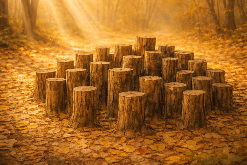 Circular arrangement of wooden logs forming a simple forest sculpture