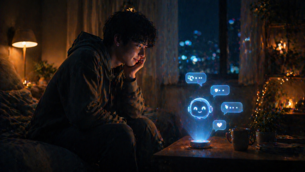 person comforted by AI at night