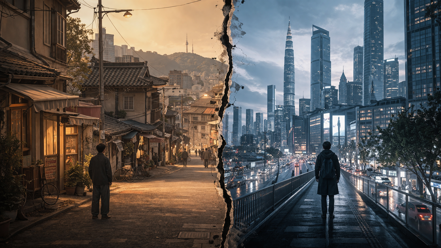 contrast old street and modern city skyline