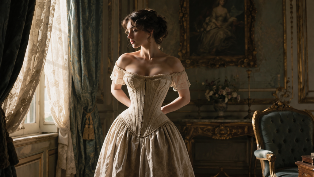 woman wearing restrictive corset dress