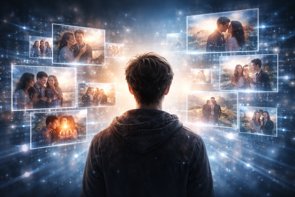 person viewing digital memories floating