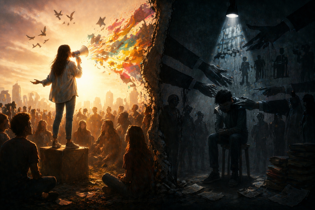 freedom vs censorship contrast scene
