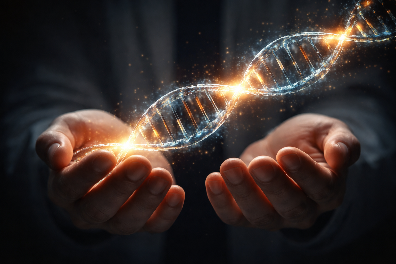 human holding glowing DNA strand