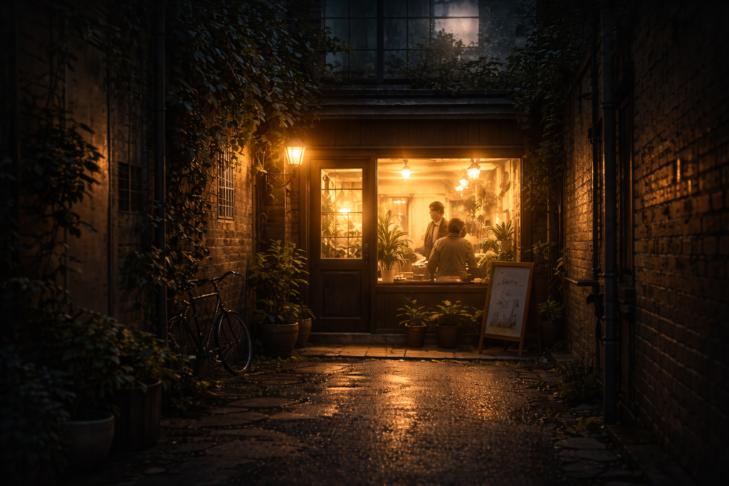 small salon light night alley