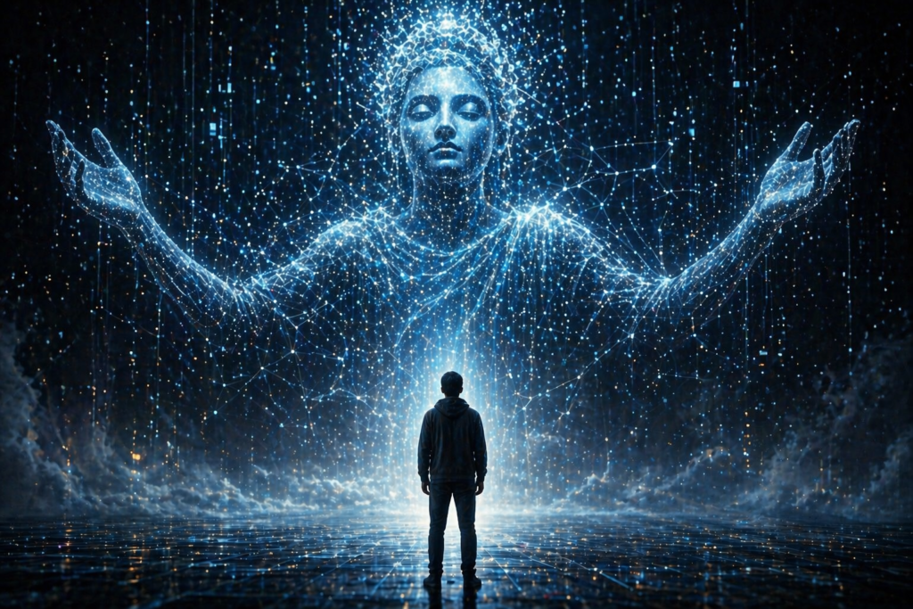 human confronting digital deity figure
